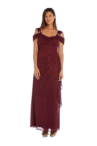 R&M Richards Women's Cold Shoulder Empire Waist Evening Gown in Glitter Chiffon with Cowl Bodice and for Cocktail Party Merlot