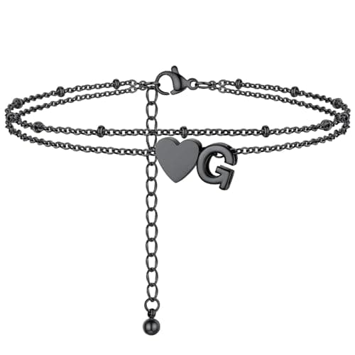 PROSTEEL Adjustable Ankle Bracelets for Women Letter G Black Ankle Bracelet Initial Heart Anklets for Women