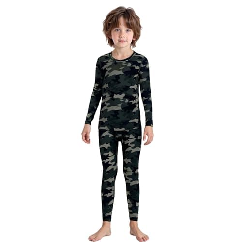 LANBAOSI Youth Boys & Girls Long Sleeve Compression Shirts and Pant Set Thermal Tops Leggings Sport Baselayer Green Camo