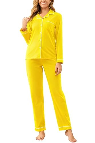 Honypove 100% Cotton Pajama Sets for Women 2 Piece Long Sleeve Button Down Pjs Soft Comfy Ladies Sleepwear NightWear Loungewear Lounge Sets S-XL(Yellow, Large)