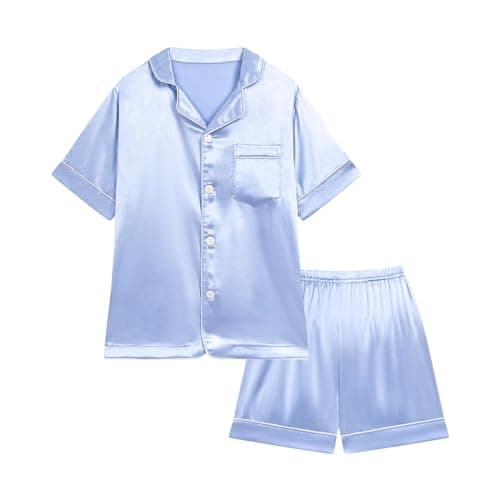 Weixinbuy Pajama Set for Kid Baby Girl Boy Button-up Silk Pajama Sleepwear Nightwear Loungewear Clothes Set Gifts for Kids