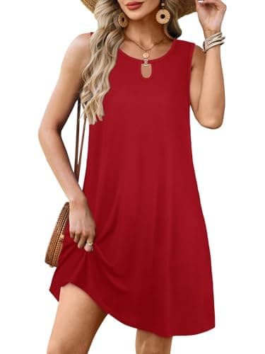 Summer Dresses for Women Casual Sleeveless Sundress Floral Loose Fit Beach Cover Up with Pocket(Deep Red, S