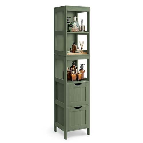 VASAGLE Storage Cabinet, Storage Organizer Rack Stand for Bathroom, Living Room, Multifunctional Corner Unit, 2 Drawers, 55.7 Inches in Height, Forest Green UBBC066C01