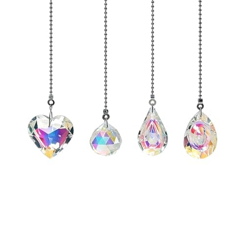 NovaPuff 4 Pieces Crystal Ceiling Fan Pull Chain, Rainbow Maker Pull Chain Extension Decorative Prisms, 20 Inch Ceiling Ornament for Home Decor/Gift Givers(Longan,Pipa, Heart, Round)