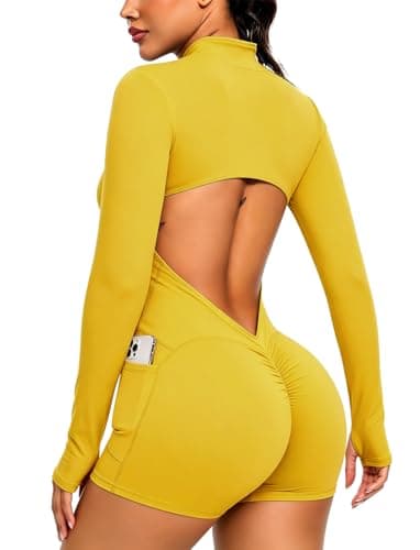 SEASUM Women's Hip Lifting Workout Romper Long Sleeve Backless Zip Up Bodysuit with Side Pockets Stretch Yoga Gym Vivid Yellow XL
