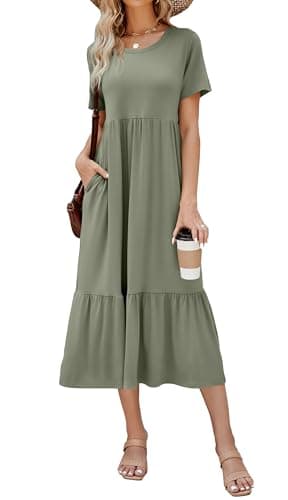 Summer Dresses for Women Flowy Maxi Sundress Short Sleeve Tiered Beach Dress with Pockets 2026 Vacation Travel Army Green