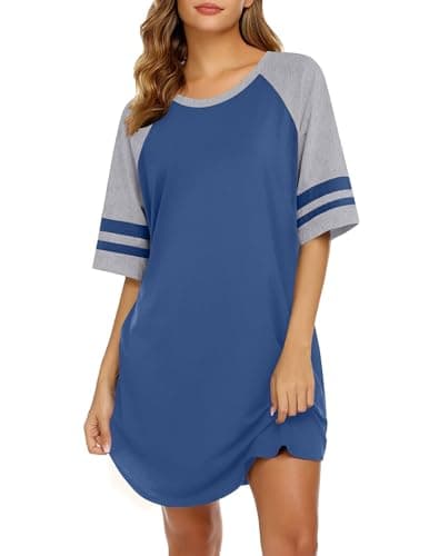 Ekouaer Cotton Nightgowns for Women Short Sleeve Sleep Shirts Crew Neck Night Shirts Soft Color Block Night Gown Blue