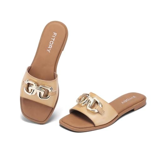 FITORY Women's Flat Sandals Fashion Slides With Soft Leather Slippers for Summer Size 11