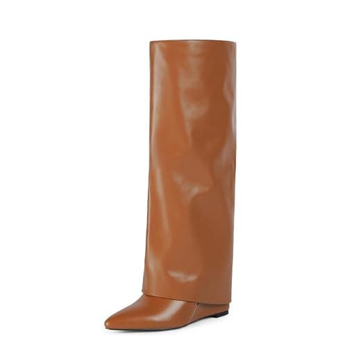 Modatope Brown Slouchy Shark Boots for Women Fold Over Knee High Boots Wedge Heel Pointed Toe Fall Tall Long Boots Size 6
