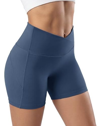 MAGCOMSEN Crossover Biker Shorts Women 4" No Front Seam High Waist Tummy Control Yoga Workout Gym Shorts Back Pocket Light Blue XS