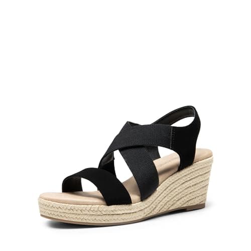 DREAM PAIRS Womens Open Toe Espadrilles Dressy Platform Sandals Slip on Elastic Ankle Strap Wedges Sandals,Size 7.5,BLACK-NUBUCK,SDPW2406W