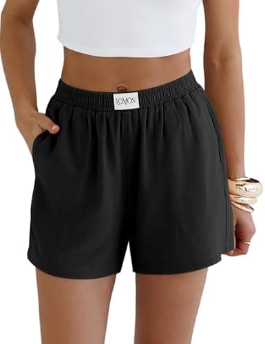 LOMON Linen Shorts for Women Summer Beach Casual Shorts Comfy Lightweight Vacation Resort Wear Lounge Pants with Pockets (Black, L)