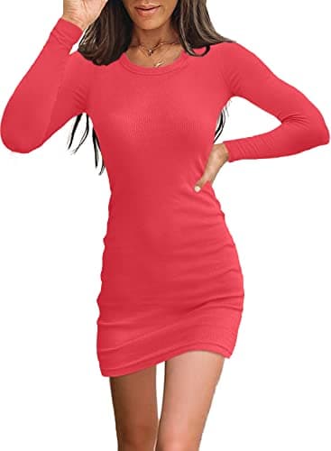 Samefar Women's Ladies Long Sleeve Bodycon Dress for Women Ribbed Knit Short Mini Autumn Club Cocktail Dress Red X-Small