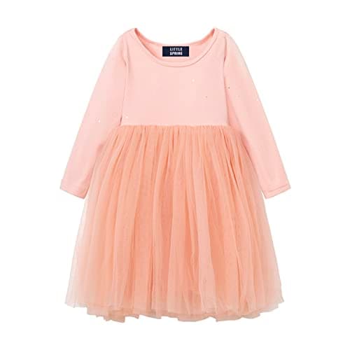 LittleSpring Tutu Dress for Girls Orange Dresses Size 6-7 Little Girls Sparkly Long Sleeve Dress Tulle Party Sequin Crewneck