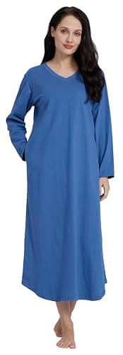 HiddenValor Womens Long Sleeve Nightgown Long Sleepshirts V Neck Sleep Dress With Pockets-Happy Blue-Small