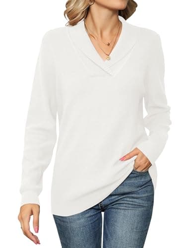 Ivicoer Shawl V-Neck Sweaters Woman White Long Sleeve Polo Soft Dressy Casual Pullover Collared Tops Knit Warm Ladies Fall Winter Office Fashion Trendy Outfits