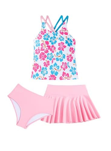 blibean Girls Swimsuits 3 Piece Tankini Sets Girl Hawaii Swim Bathing Suits Summer Beach Skirt Swimwear Sets Size 12-13 Year Old Pink
