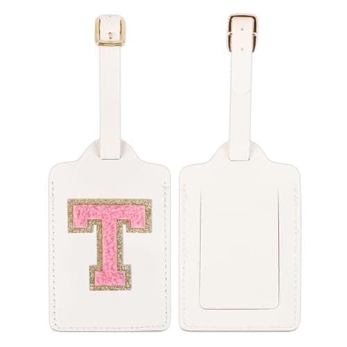 2Pack Initial Letter Luggage Tag for Suitcase, Cute Luggage Bag, PU Leather Travel Luggage Tag, Suitcase Identifier Name Tag,Monogrammed Tags for Handbags School Bags(2 White-Pink T)
