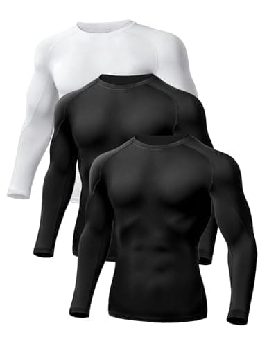 Odoland 3 Pack Long Sleeve Compression Shirts for Men, Crew Neck Sports Undershirt, Athletic Base Layer Top for Workouts Gym,Black+Black+White,M