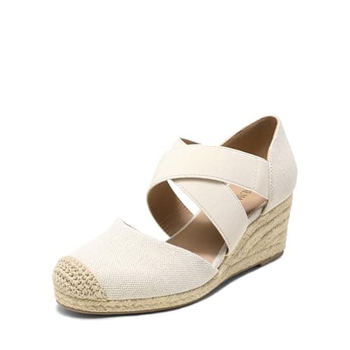 DREAM PAIRS Womens Close Toe Espadrilles Platform Slip on Elastic Criss Cross Straps Dressy Wedges Sandals,Size 5.5,Linen,SDPW226W