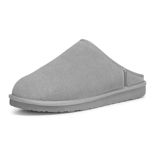 FITORY Men’s Winter Genuine Leather Slippers, Comfy Memory Foam Suede Shoes with Warm Fleece-Lined for Indoor and Outdoor Slip on Grey Size 9