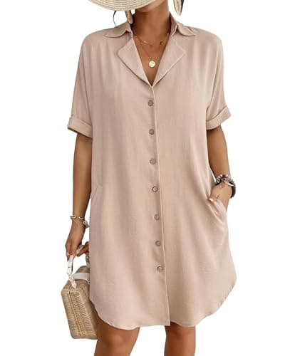 Bsubseach Swimsuit Coverup for Women Button Down Beach Swim Cover Up Shirt Dress Short Sleeve Summer Beachwear Khaki XL