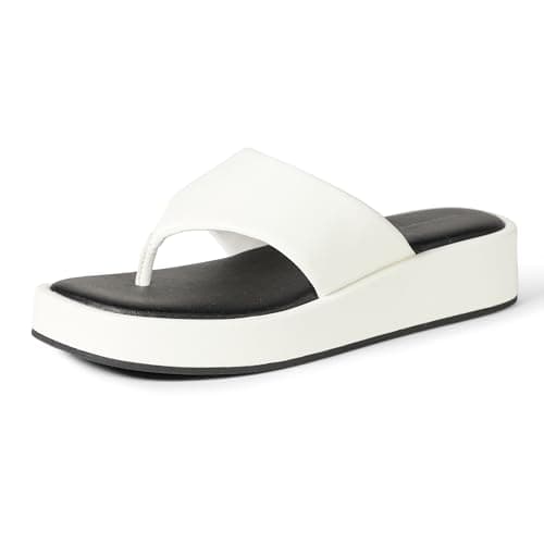 Amazon Essentials Women's Flatform Thong Sandals, White Faux Leather, 5