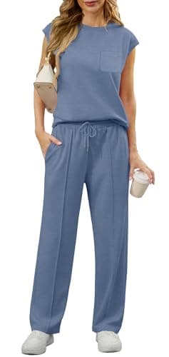 GRECERELLE Two Piece Sets For Women Athleisure Sets Summer Vacation Outfits For Women Haze blue-XL