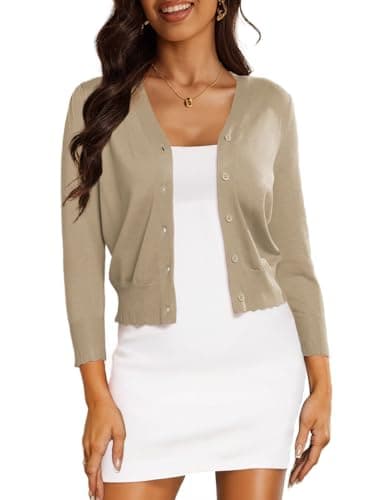 CPOKRTWSO Women's Cropped Cardigan 3/4 Sleeve Lightweight Open Front Sweater Camel Shrugs for Dresses,Camel Heather,XL