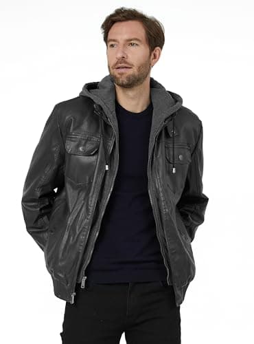 wantdo Men's Faux Leather Jacket PU Thick Leather Coat Zip Up Winter Coat with Removable Hood Black M