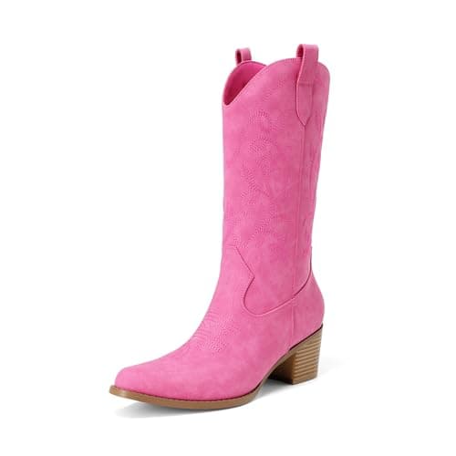 DREAM PAIRS Cowboy Boots for Women Cowgirl Western Boots Fashion Embroidery Stitched Chunky Heel Mid Calf Boots,Size 6.5,Pink,SDMB25003W-1