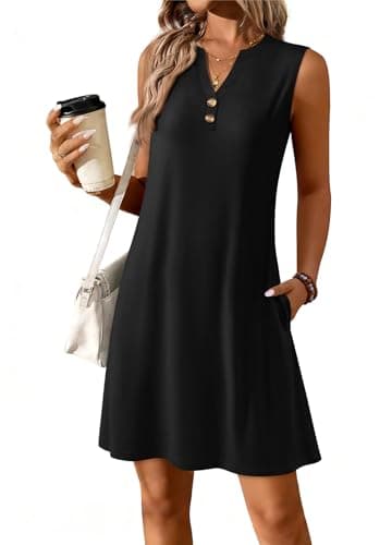 ATHMILE Summer Dresses for Women 2026 Beach Vacation Clothes V Neck Henley Button Holiday Sundresses Pockets Date Outfits Black