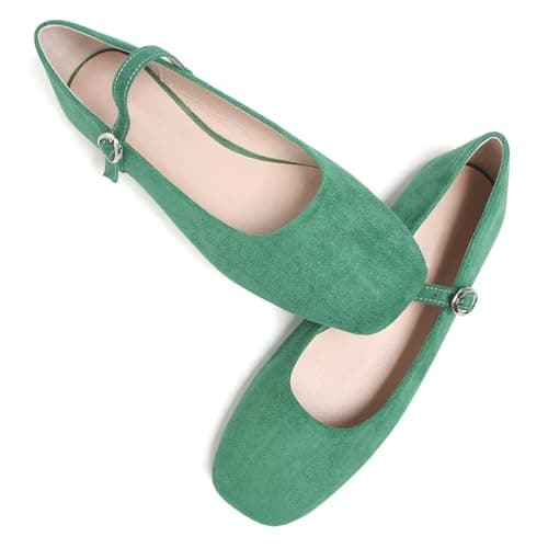 TN TANGNEST Women's Faux Suede Flats Comfortable Square Toe Candy Color Dress Flats Retro Soft Mary Jane Flats Grass Green 39(7.5)