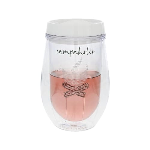 Pavilion Gift Company - Campaholic - 12 oz Wine Glass With Lid Wine Lover Kitchenware Camping Campfire RV Tent Hiking Outdoors Drinkware