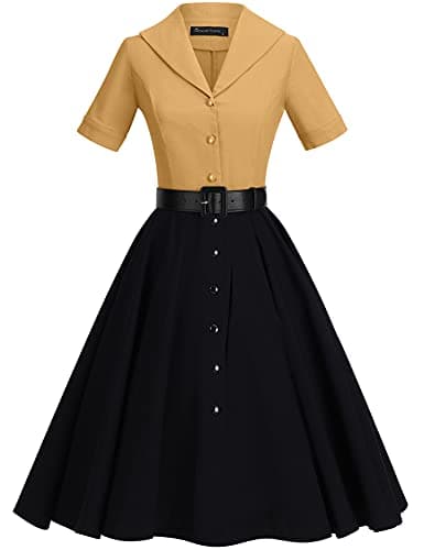 GownTown Women Splicing Swing Dress Party Picnic Cocktail Dress Dark Yellow