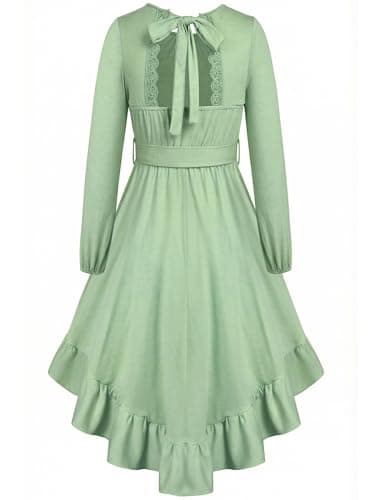 Dress for Girls 10-12 Tween Kids Spring Long Sleeve Dresses Casual Lace Backless Tie Back High Low Ruffle Swing Maxi Dresses Green
