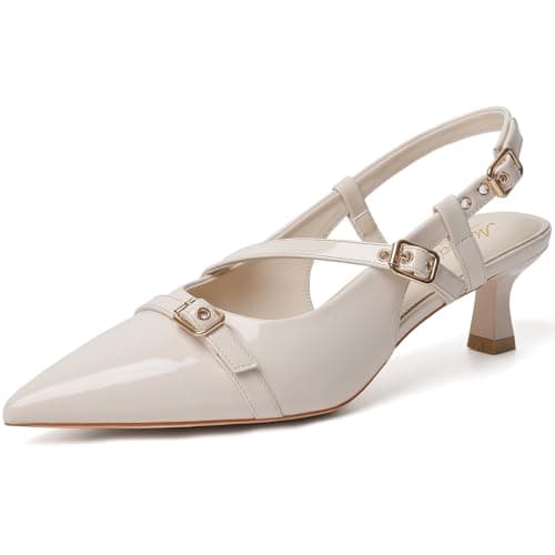 Mostrin Beige Slingback Kitten Heels for Women Low Heel Closed Pointed Toe Pumps Buckle Strap Dress Shoes for Daily Working Wedding Size 9.5