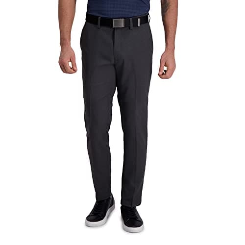 Haggar Men's Cool Right Performance Flex Stria Slim Fit Flat Front Pant, Dark Grey, 29 X 30
