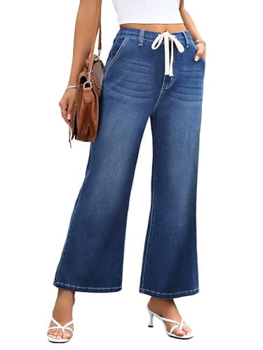 HDLTE Wide Leg Jeans Woman High Waisted Trendy Pull On Elastic Waist Drawstring Stretchy Denim Jean Pants with Pockets,Deep Blue,XS