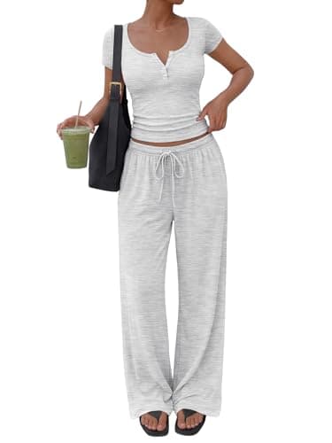 Trendy Queen Women 2 Two Piece Matching Lounge Sets 2026 Spring Summer Fashion Beach Vacation Clothes Workout Gym Top Wide Leg Pants Sweat Suits Airport Travel Outfits Casual Sweatsuit Loungewear