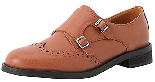 U-lite Womens Monk Strap Shoes Cowhide Perforated Fashion Buckle Vamp Brouge Oxfords Dress Shoes Brown 8.5