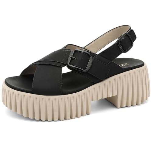UBFEN Womens Platform Sandals With Arch Support Comfy Walking Wedge Crisscross Band Summer Casual Black Women US 8