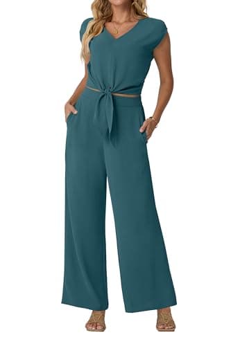 Lepunuo 2 Piece Outfits V Neck Belted Cute Crop Top with Casual Wide Leg Pants Women's Summer Beach Vacation Set