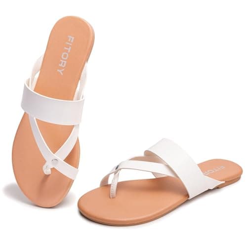 FITORY Womens Flat Round Sandals With Casual Fashion Slides and Flip Flops Split Toes Style for Lady Summer White Size 8