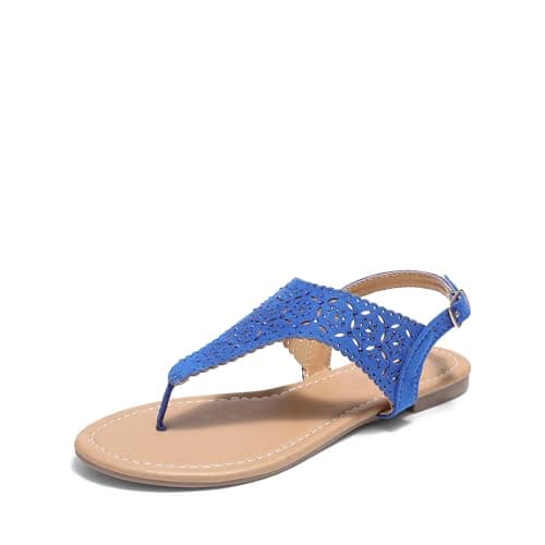 DREAM PAIRS Women's Rhinestone Casual Wear Cute Gladiator Flat Sandals Beach Dressy T-Strap Thong Sandals,Size 5,Royal/Blue,MEDINIE