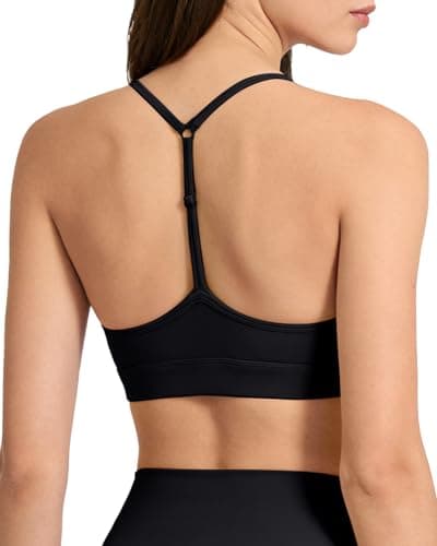 SPVISE Black Womens Adjustable Strappy Sports Bra Low Impact Padded Racerback Workout Bras Wireless Butter Soft Gym Crop Tank
