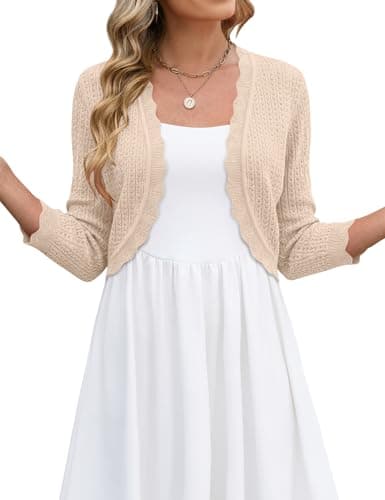 LOMON Womens 3/4 Sleeve Cropped Cardigan Bolero Shrug Light-Weight Open Front Crochet Knit Sweater, M Apricot