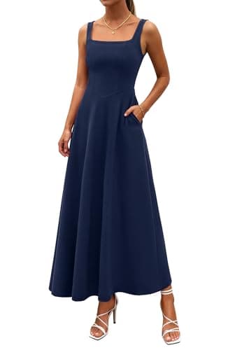 PRETTYGARDEN Womens Summer Dresses 2026 Sleeveless Elegant Square Neck Aline Swing Maxi Beach Wedding Guest Dress Pockets (Navy,XX-Large)