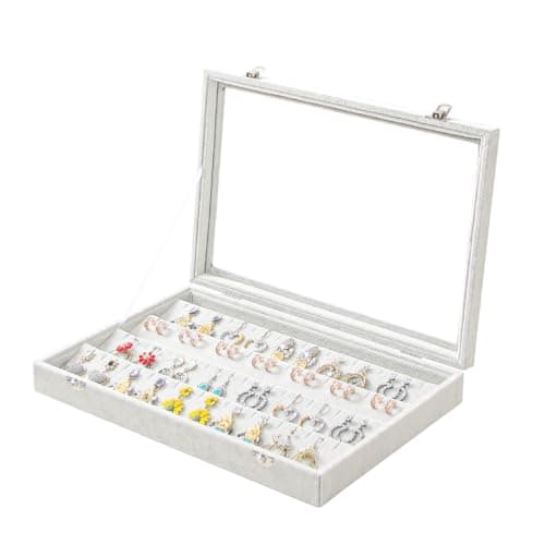 Coward Earring Organizer Tray Box, Grey Beige Velvet Earring Jewelry Display Storage Tray Case with Transparent Glass Lid for Home Drawer or Shop Selling