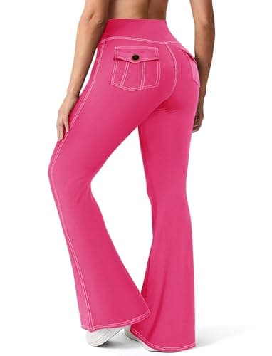 SEASUM Women Faux Denim Cargo Flare Leggings, Flap Pocket Butt Lift Contrast Stitch Bootcut Casual Yoga Pants Pink XL